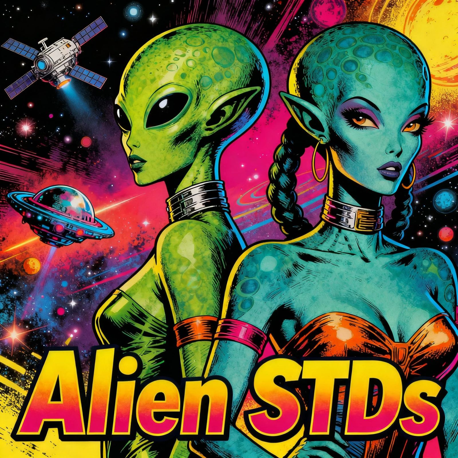 Alien STDs Card Game Illustration in Retro-Futuristic Style