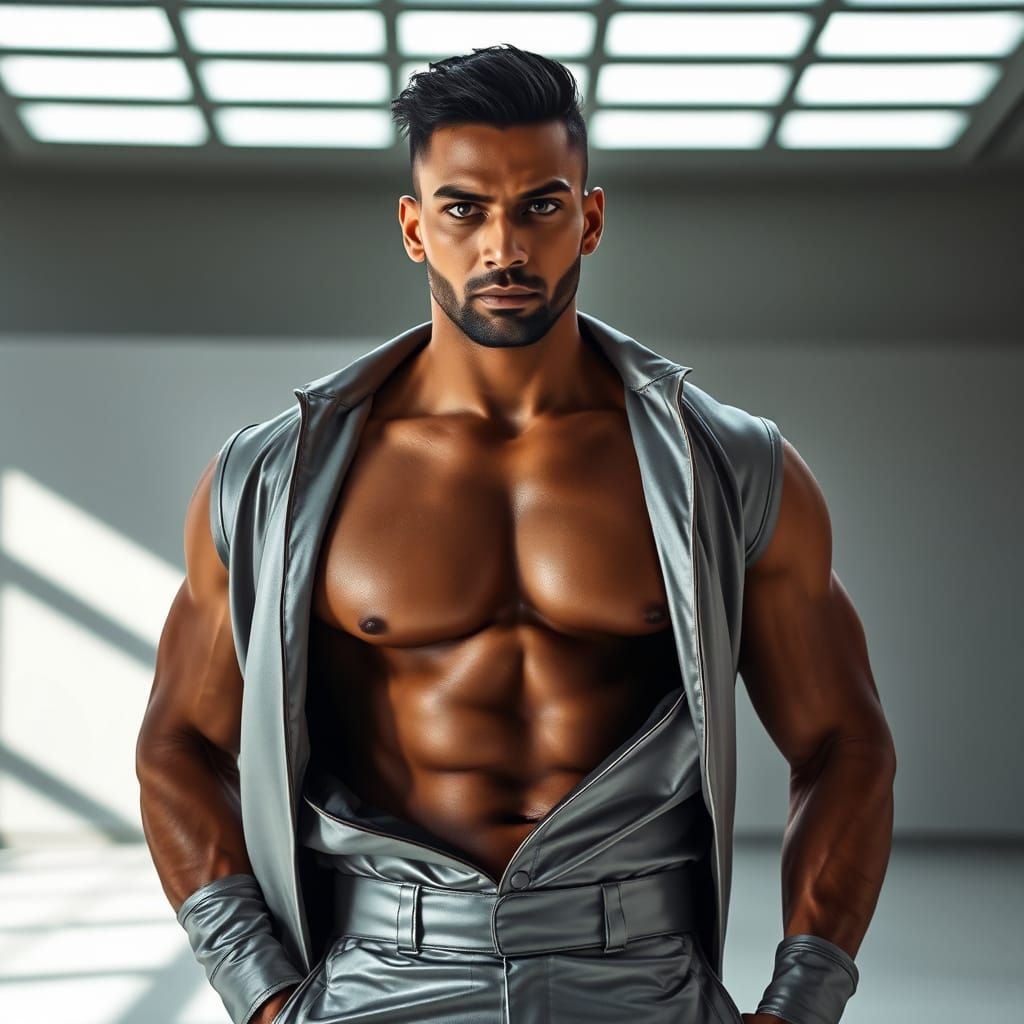 Muscular Indian Man in Silver Jumpsuit, Fashion Photography