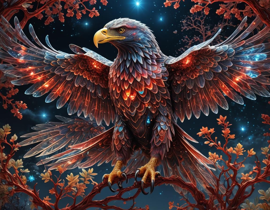 Bioluminescent Glass Eagle with Fractal Plants