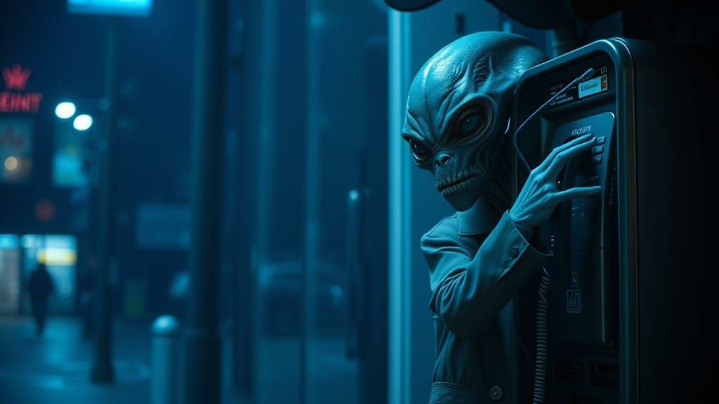 Grotesque Alien at Payphone Seeking Change