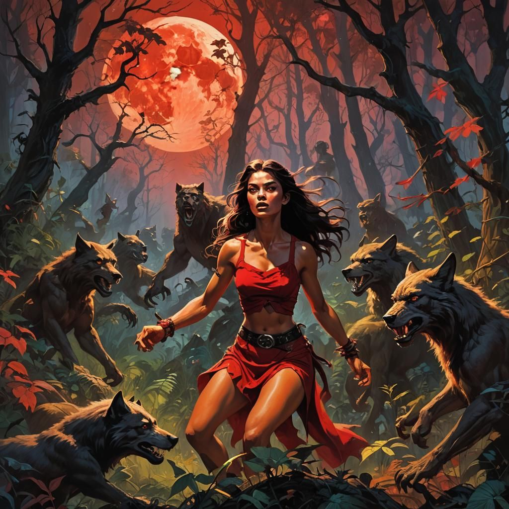 Teenage Werewolf Battles in Mystical Forest Oil Painting