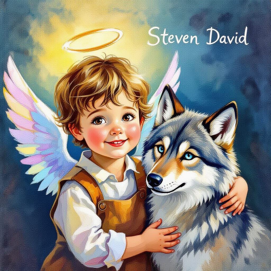 Angel Boy and Wolf Cub in Dreamy Gouache Style