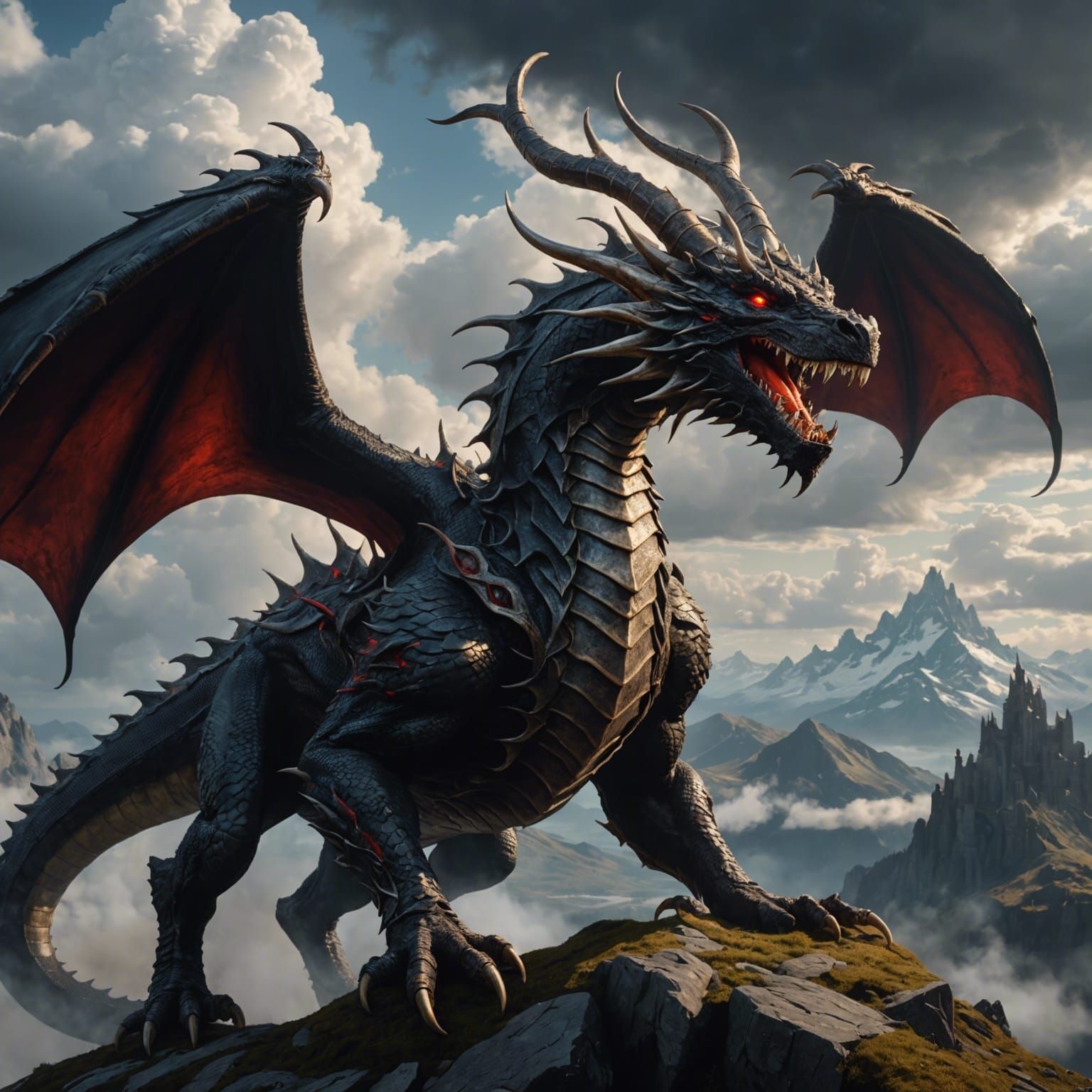 Majestic Dragon Soaring Through Clouds in Dark Fantasy Style