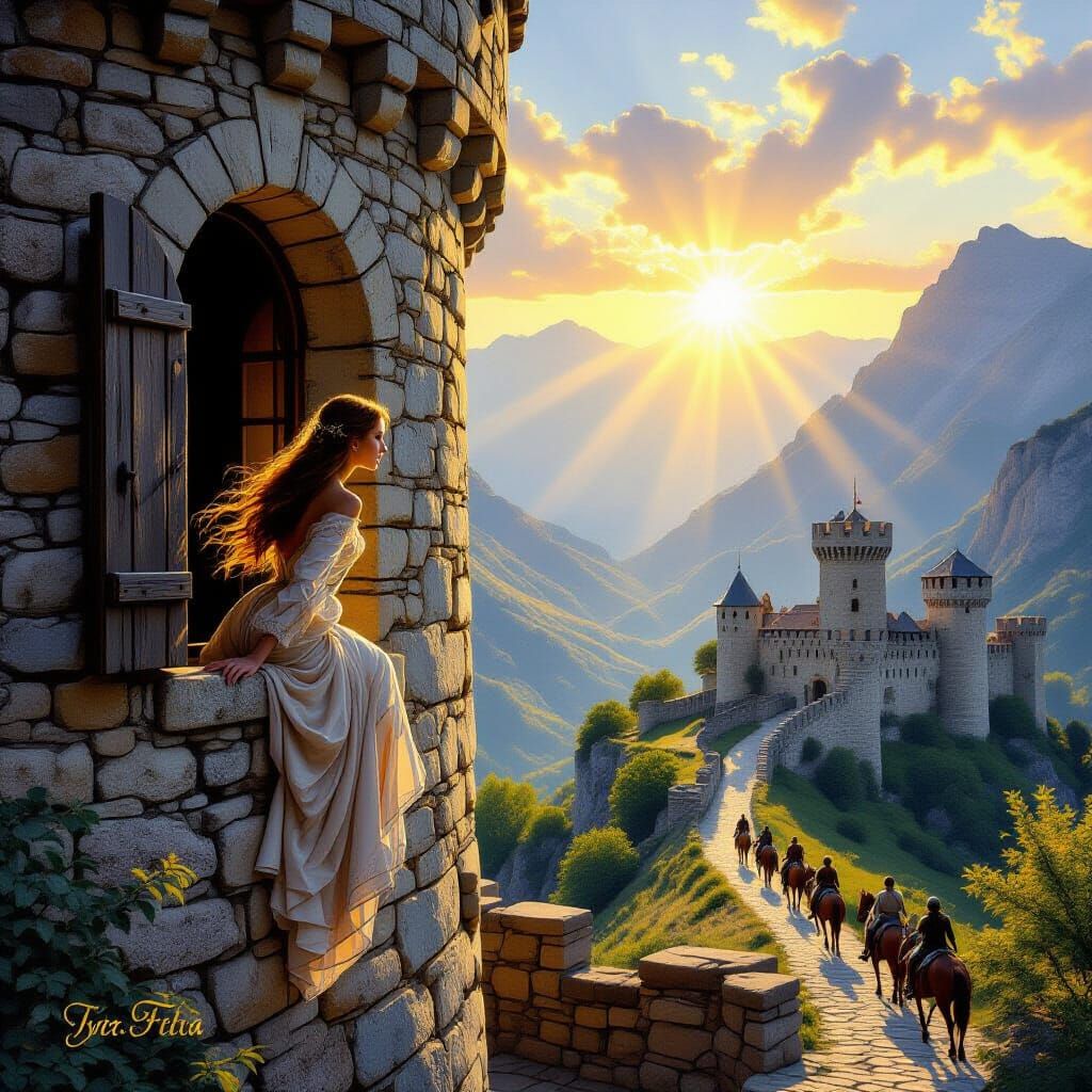 Golden Sunrise Over 15th Century French Castle with Woman