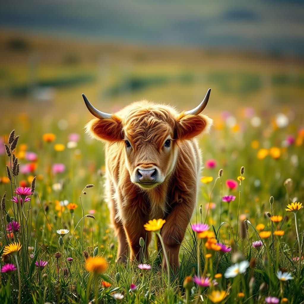 Baby Highland Cow in Wildflower Meadow