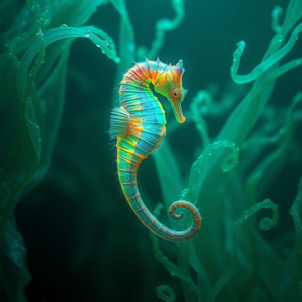 Bioluminescent Seahorse in Surreal Underwater Scene