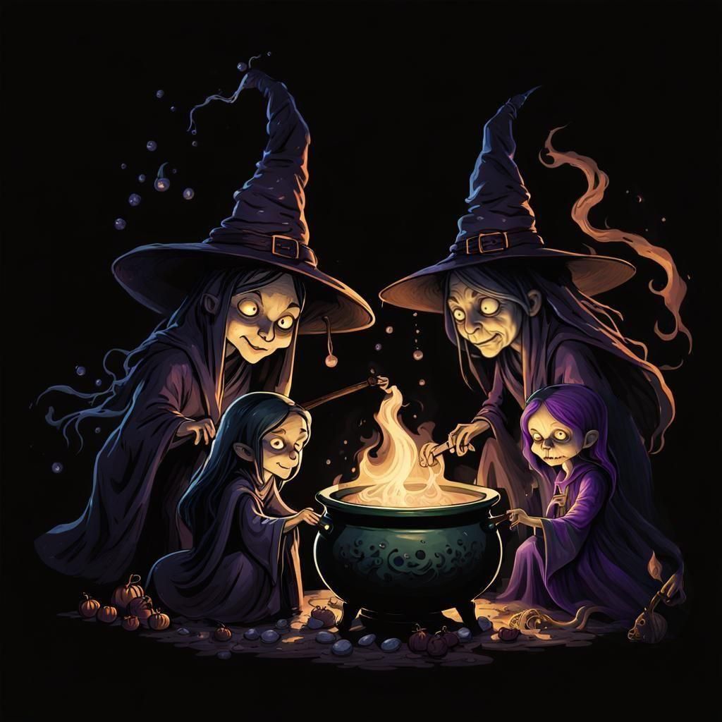 Witches at Cauldron with Little Girl