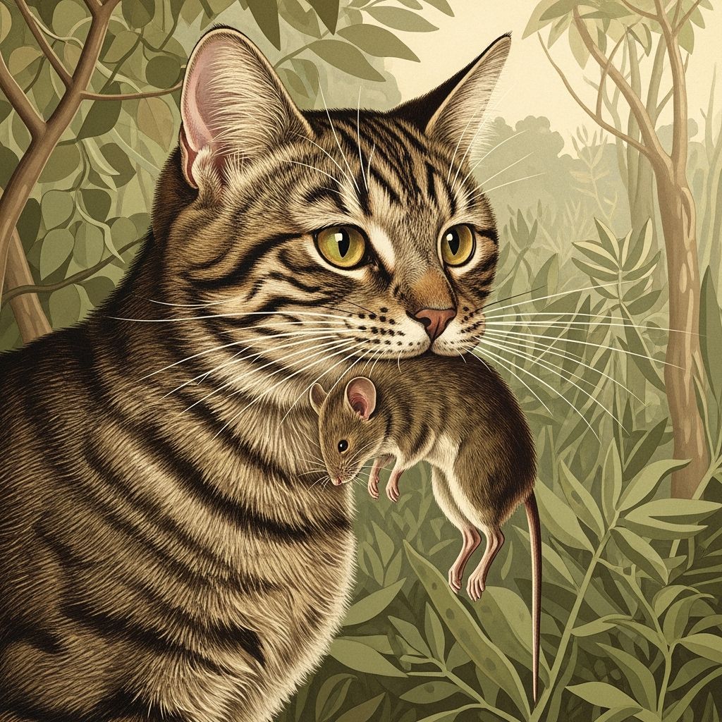 Tabby Cat with Mouse, Audubon-Style Illustration