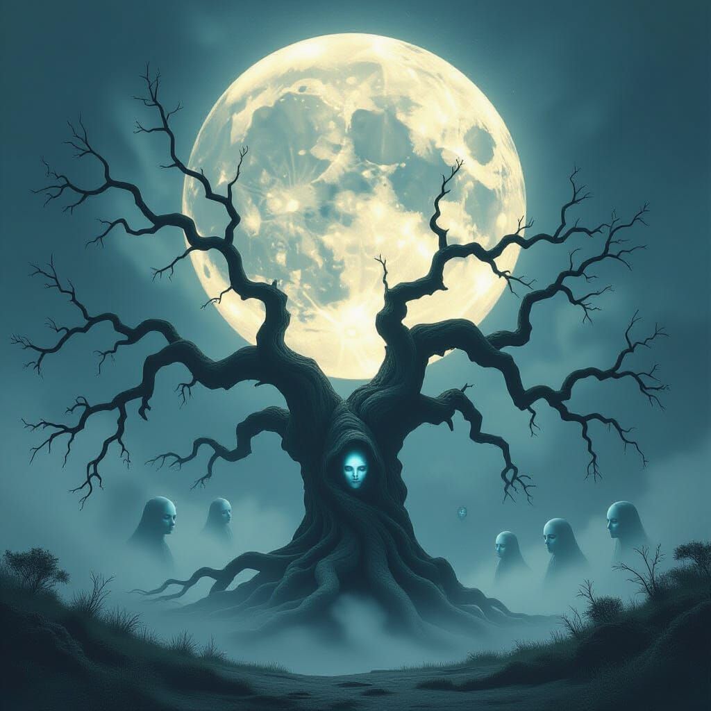 Ancient Tree Under Eerie Moon in Dark Fantasy Style
