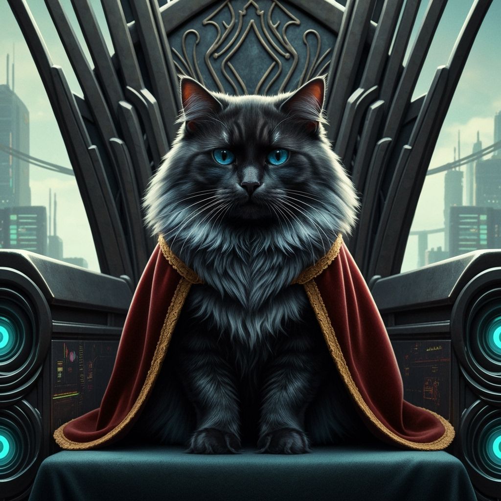 Regal Black Cat on Throne in Mystical Realism