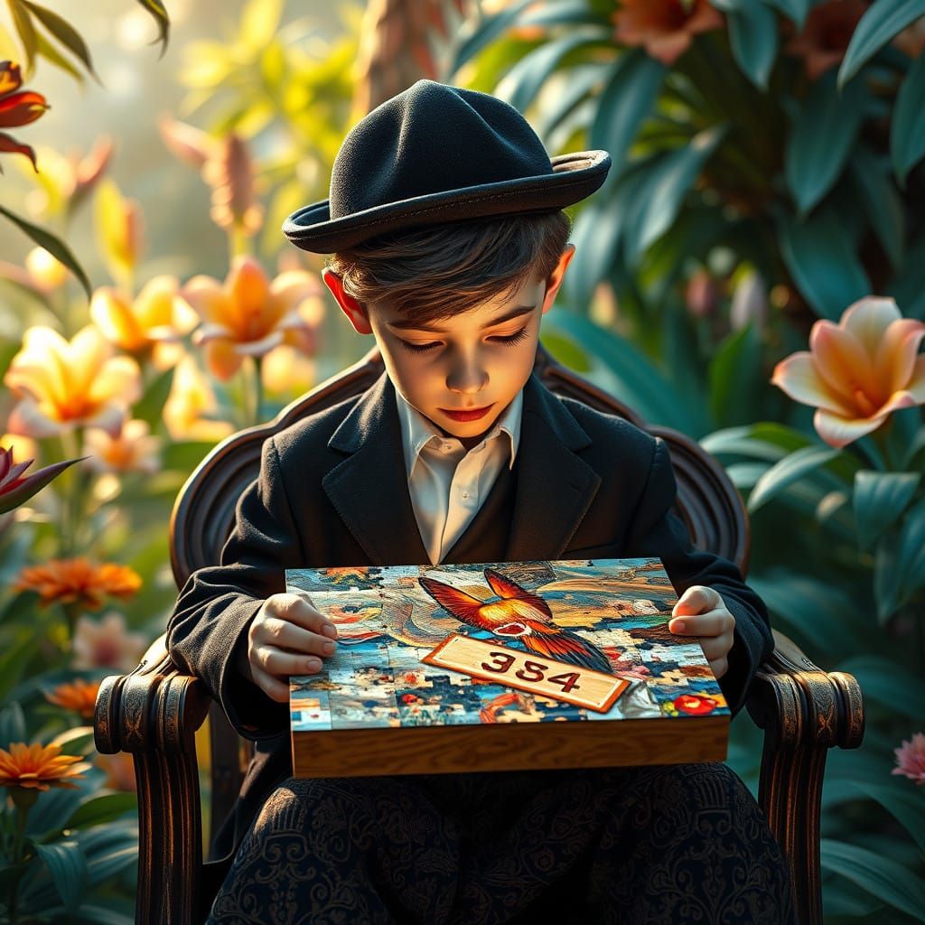 Hasidic Boy Lost in Puzzle, Lush Garden Wonderland