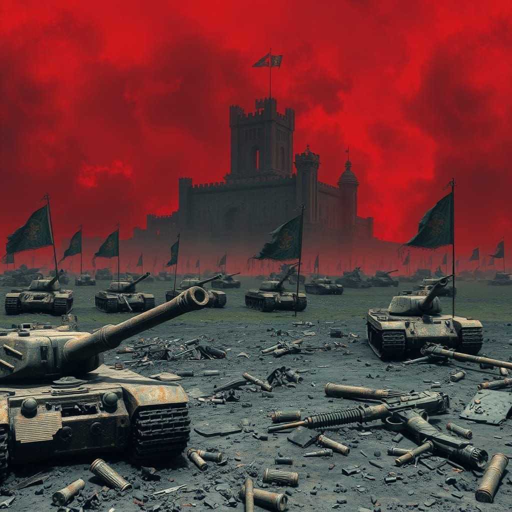 A desolate, war-torn battlefield under a blood-red sky.