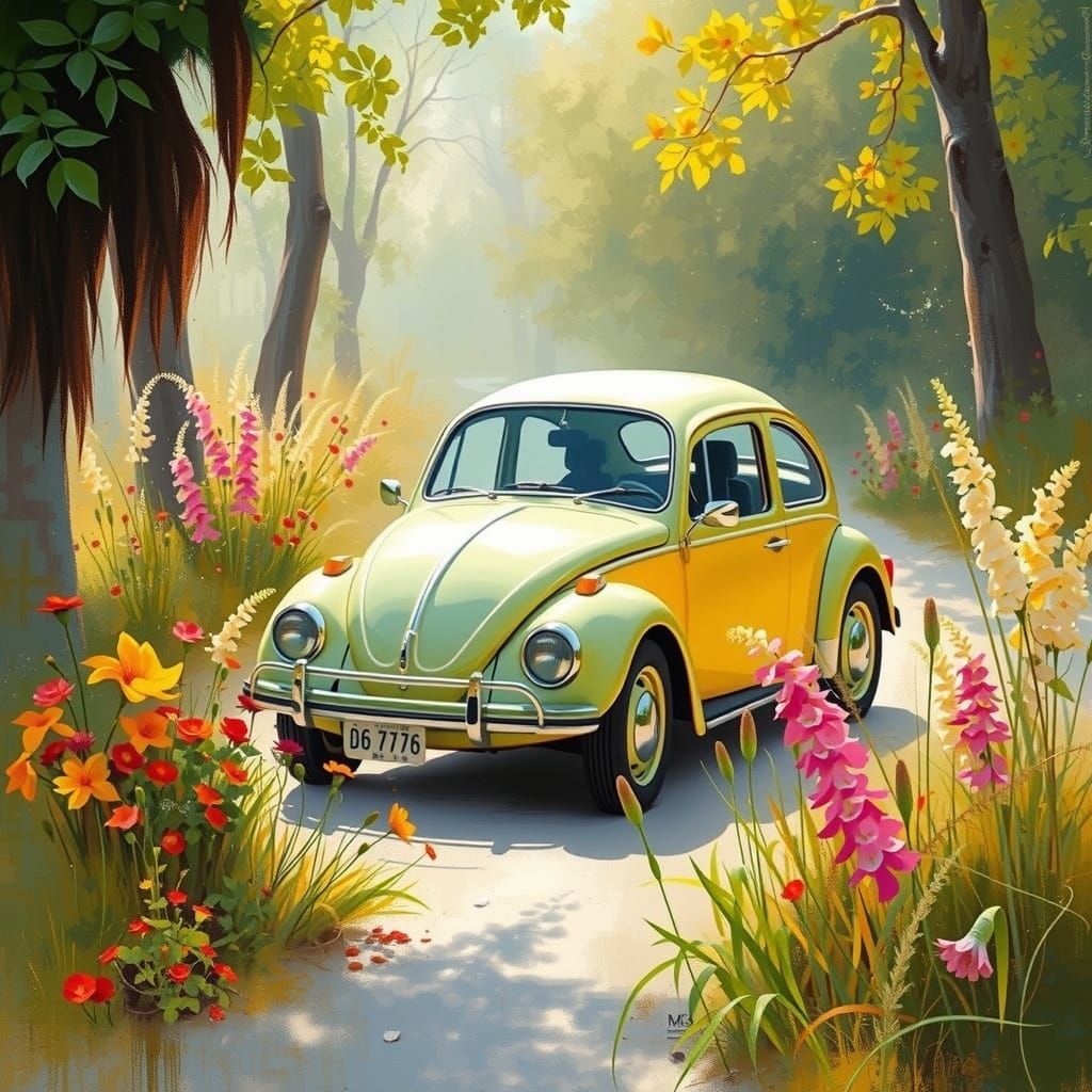 Vintage VW Beetle in a Floral Park Landscape