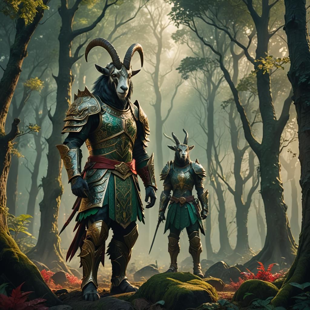 Surreal Goat Warrior in Ancient Forest Regalia