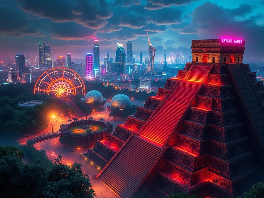 Futuristic Cityscape Merges with Ancient Mayan Pyramids