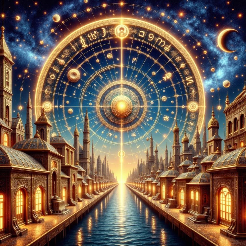 Dreamlike Cityscape at Night in Kintsugi Mosaic Style