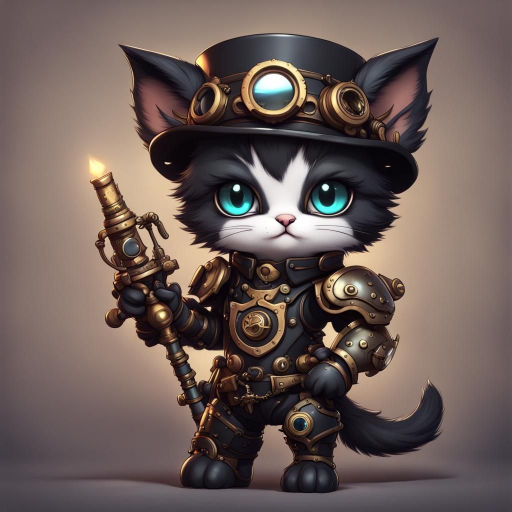 Chibi steampunk black kitten knight