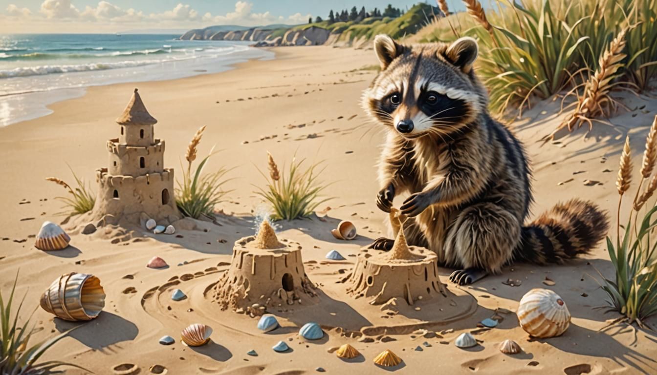 Raccoon Builds Sandcastle in Pastel Watercolor Style