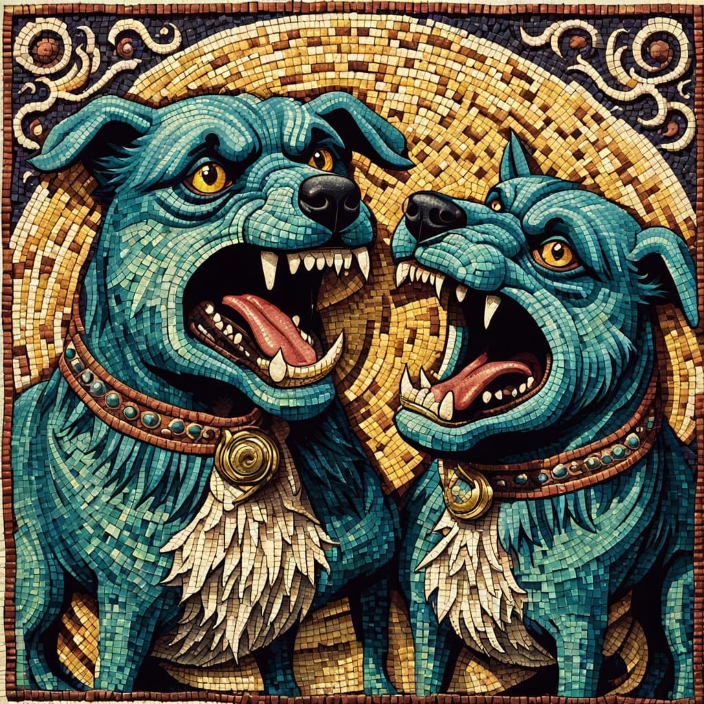 Medieval Mosaic of Fierce Triheaded Canine Confronting a Bea...