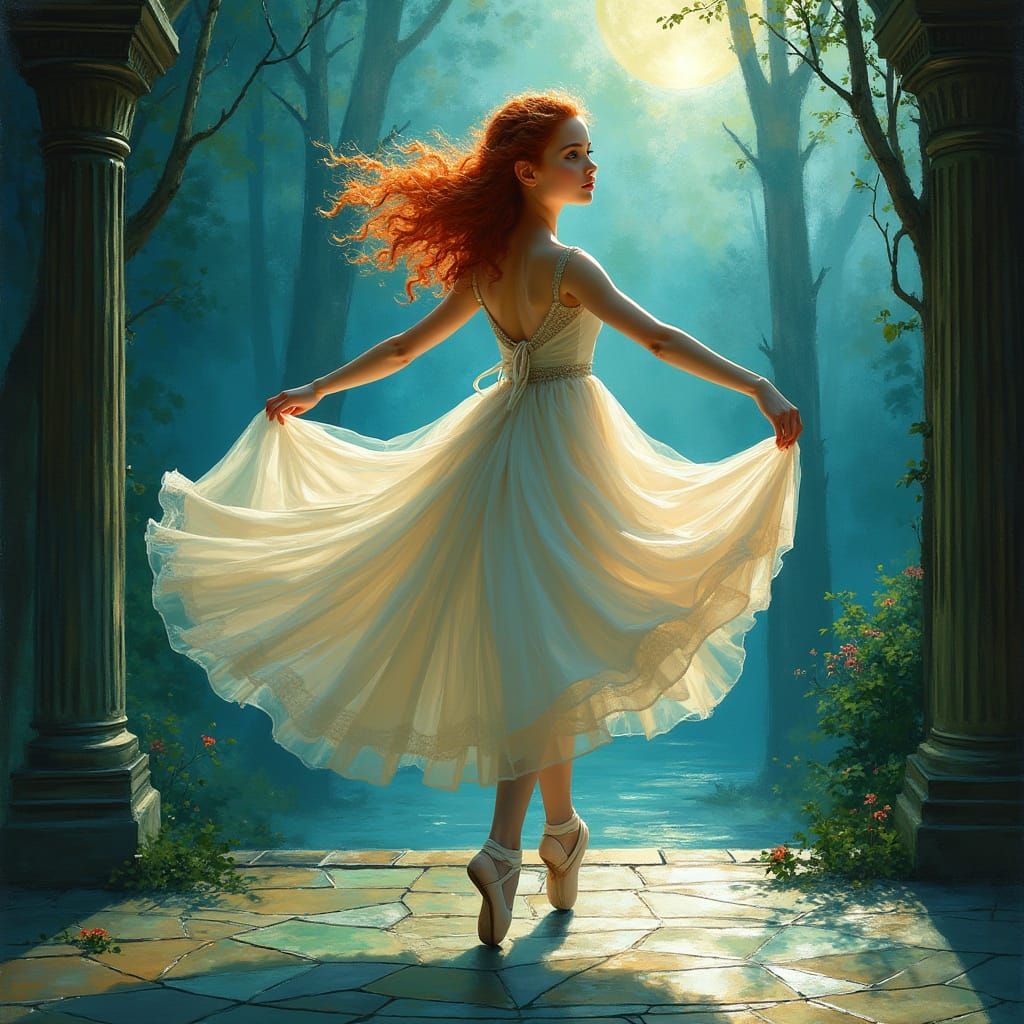 Ballerina Dancing on Stained Glass Stage in Art Nouveau Styl...