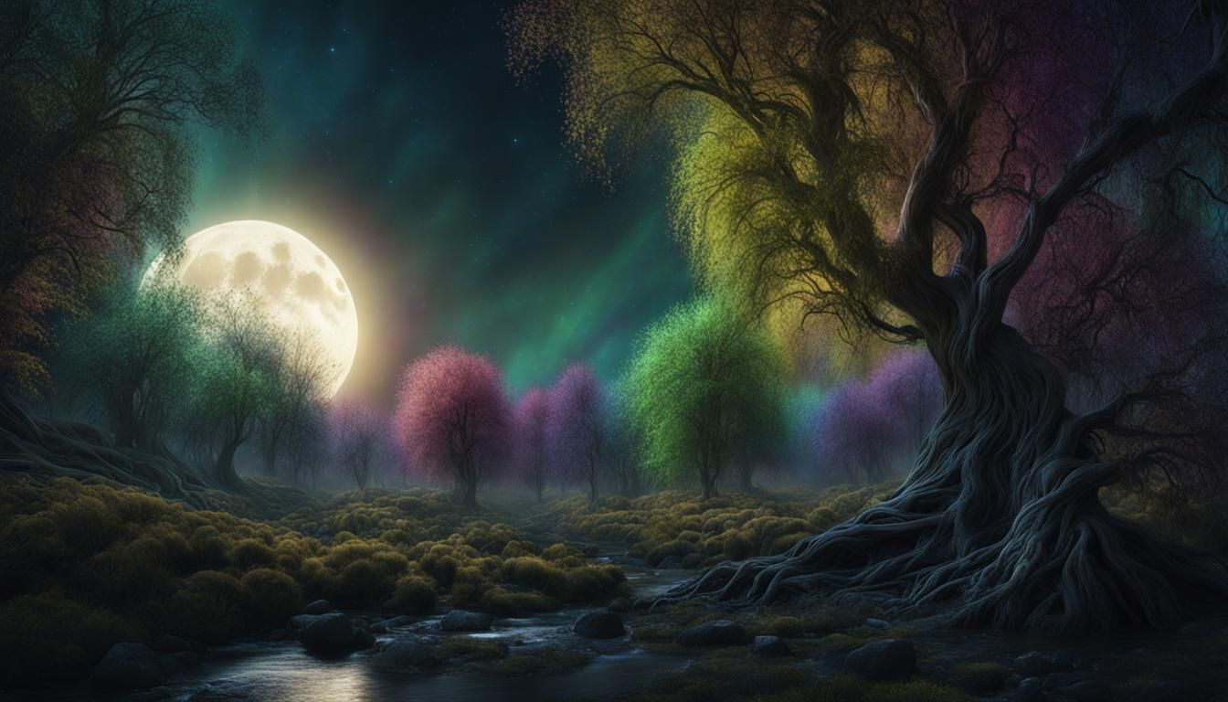 Moonlit Rainbow Willow Forest: A Celestial Masterpiece