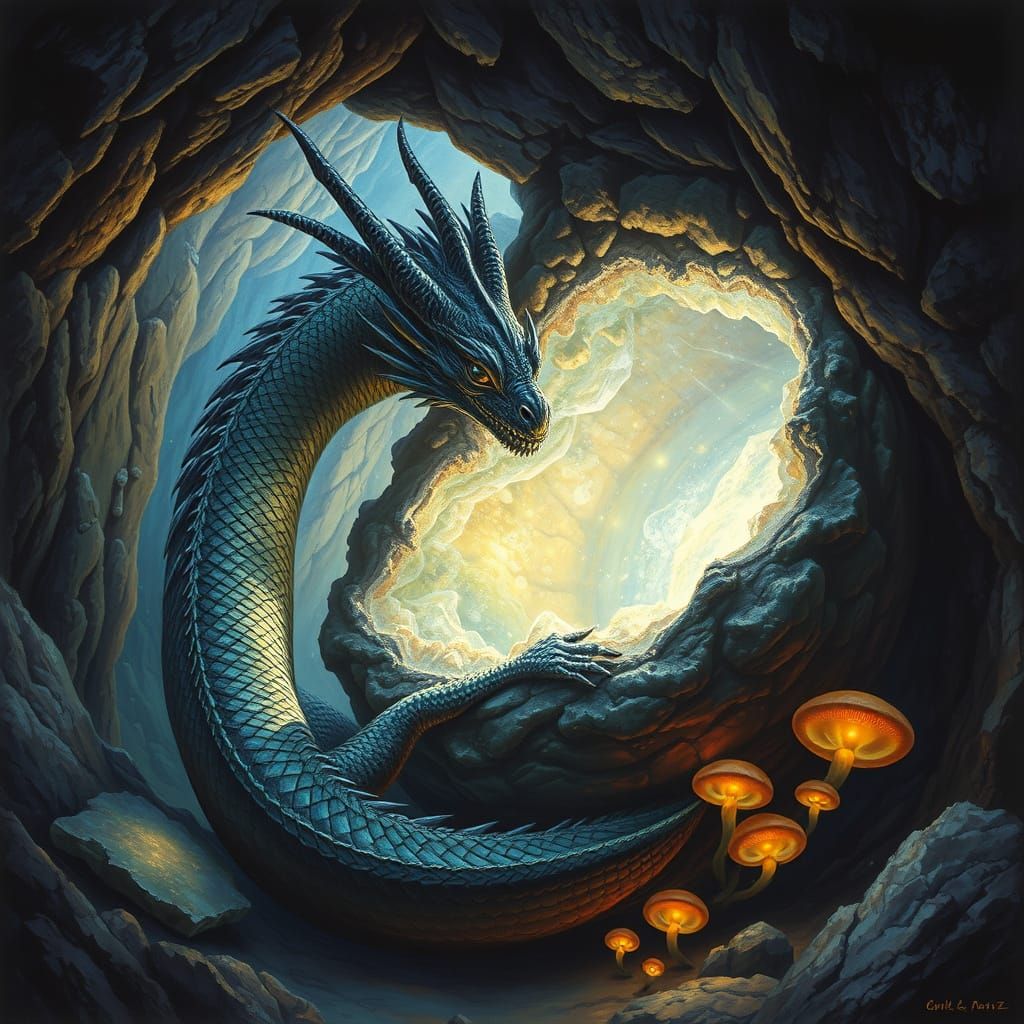 Dragon Curled Around Glowing Geode in Mystic Cave