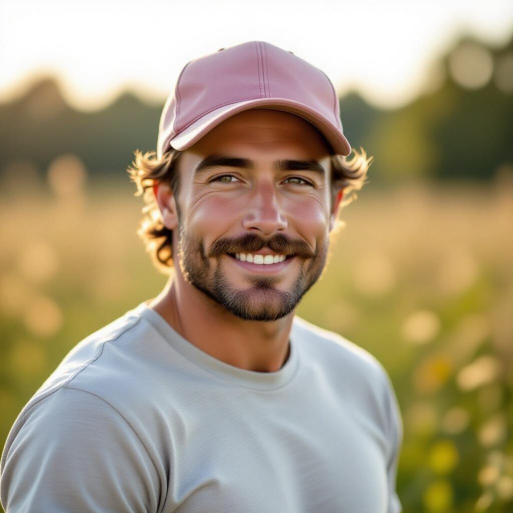 Handsome Man in Sunlit Meadow with Pink Baseball Cap