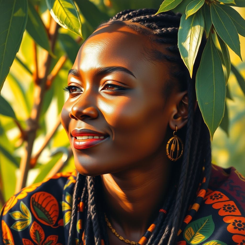 African Goddess Lost in Serene Tropical Paradise