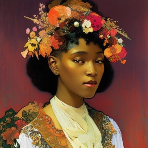 Surreal Portrait of Black Woman in Art Nouveau Style