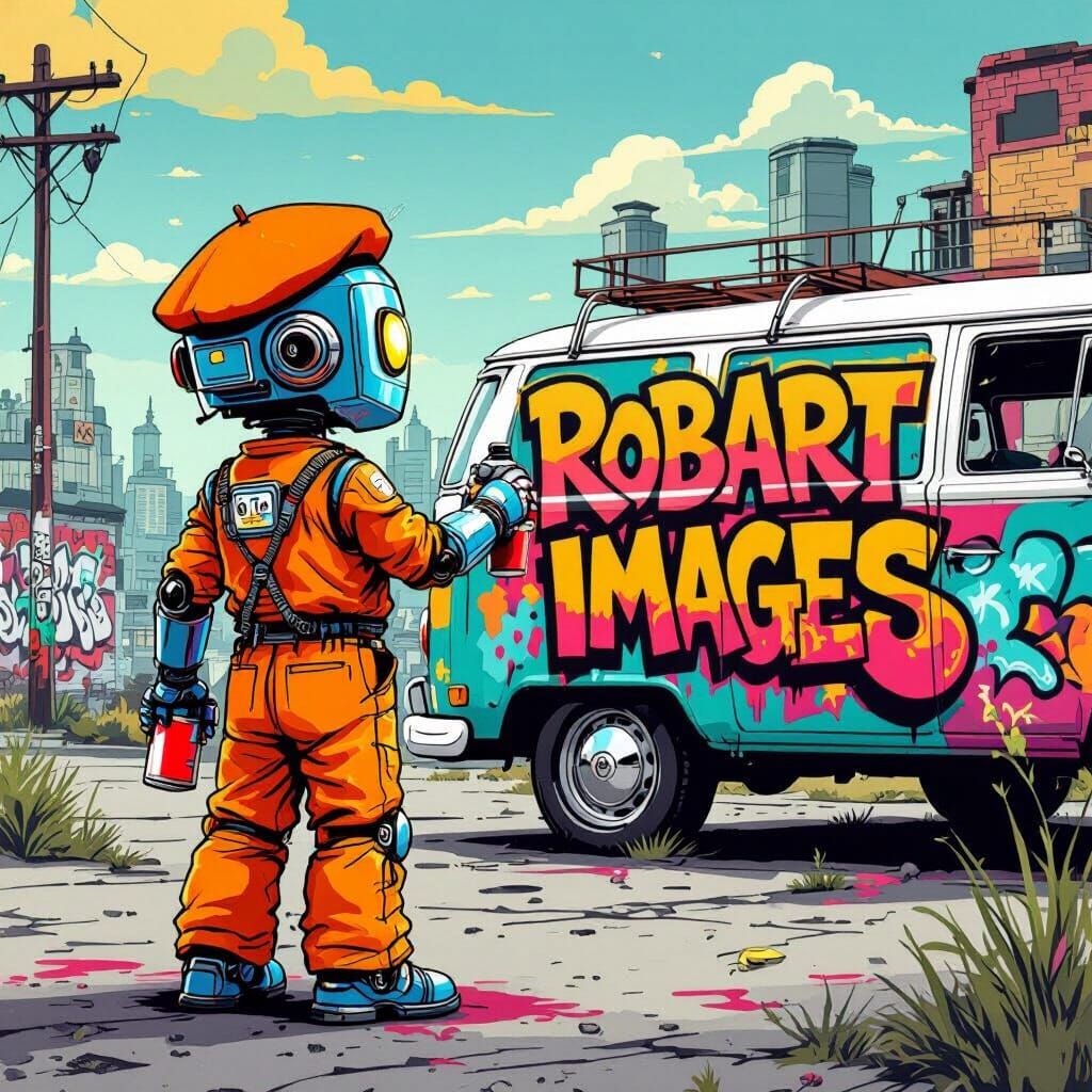 Robot Street Artist Painting Graffiti in Comic Style