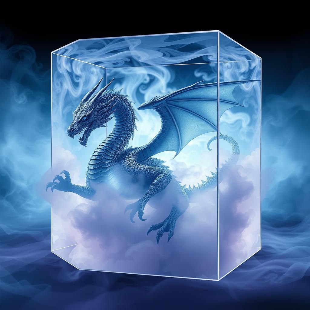 Dragon Emerges from Mist in Glass Cube