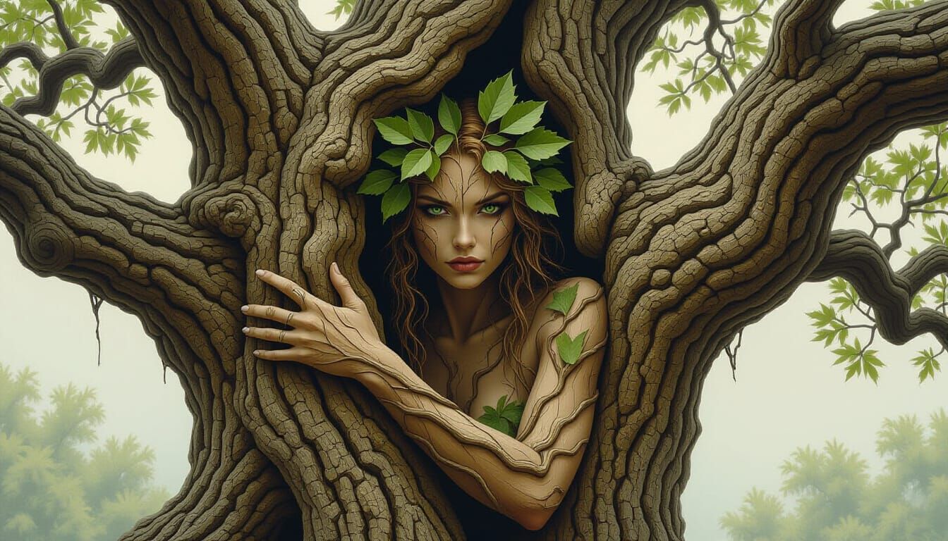 Photorealistic Dryad Emerging from Ancient Oak Tree
