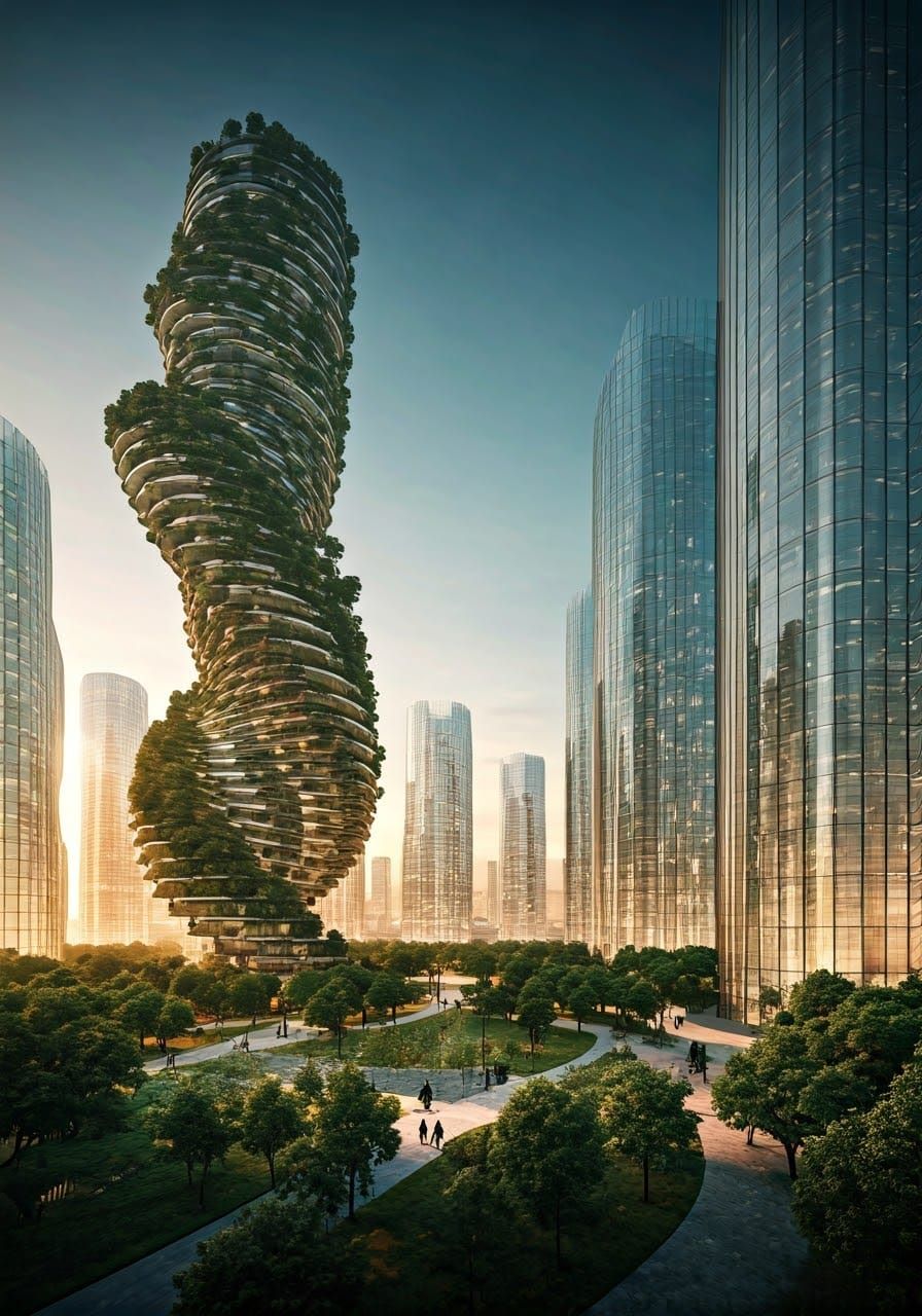 Lush Futuristic Cityscape with Green Skyscrapers