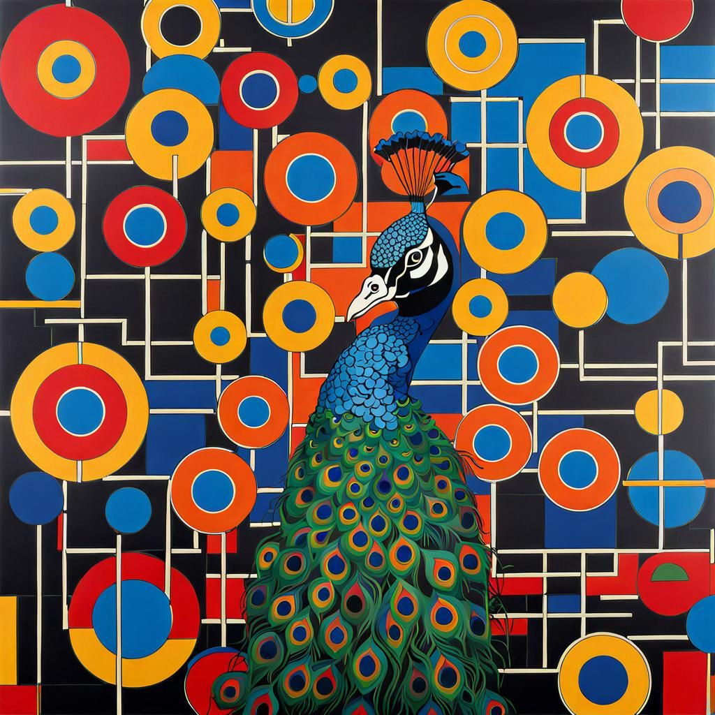 a peacock artwork by Piet Mondrian and Duracell and Jackson Pollock