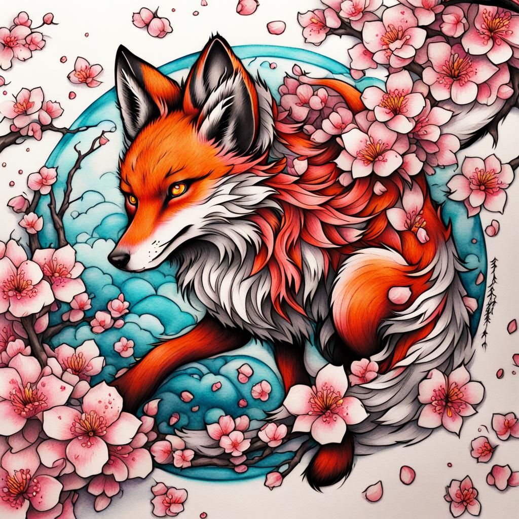Mythical Kitsune Tattoo Design with Sakura, Anime Style