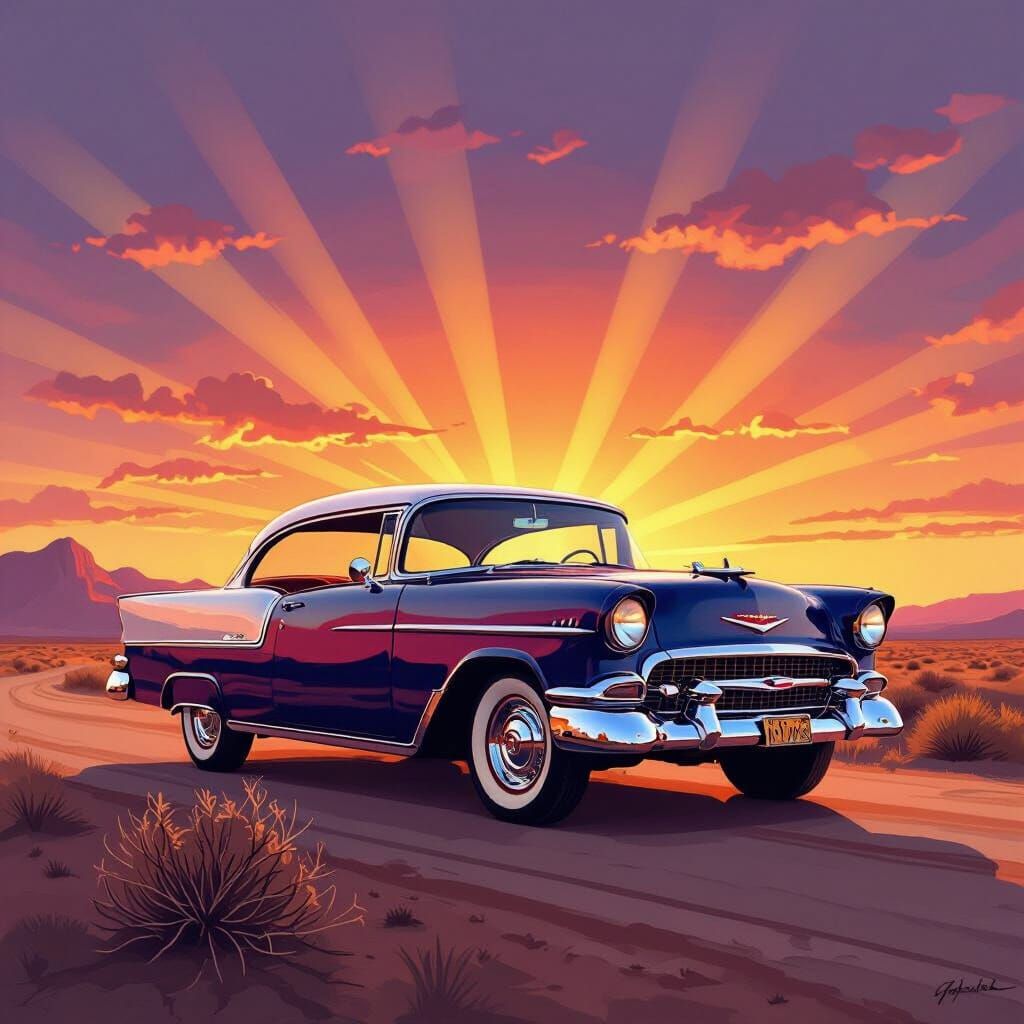Vintage 1950s Chevy on Desert Road at Sunset