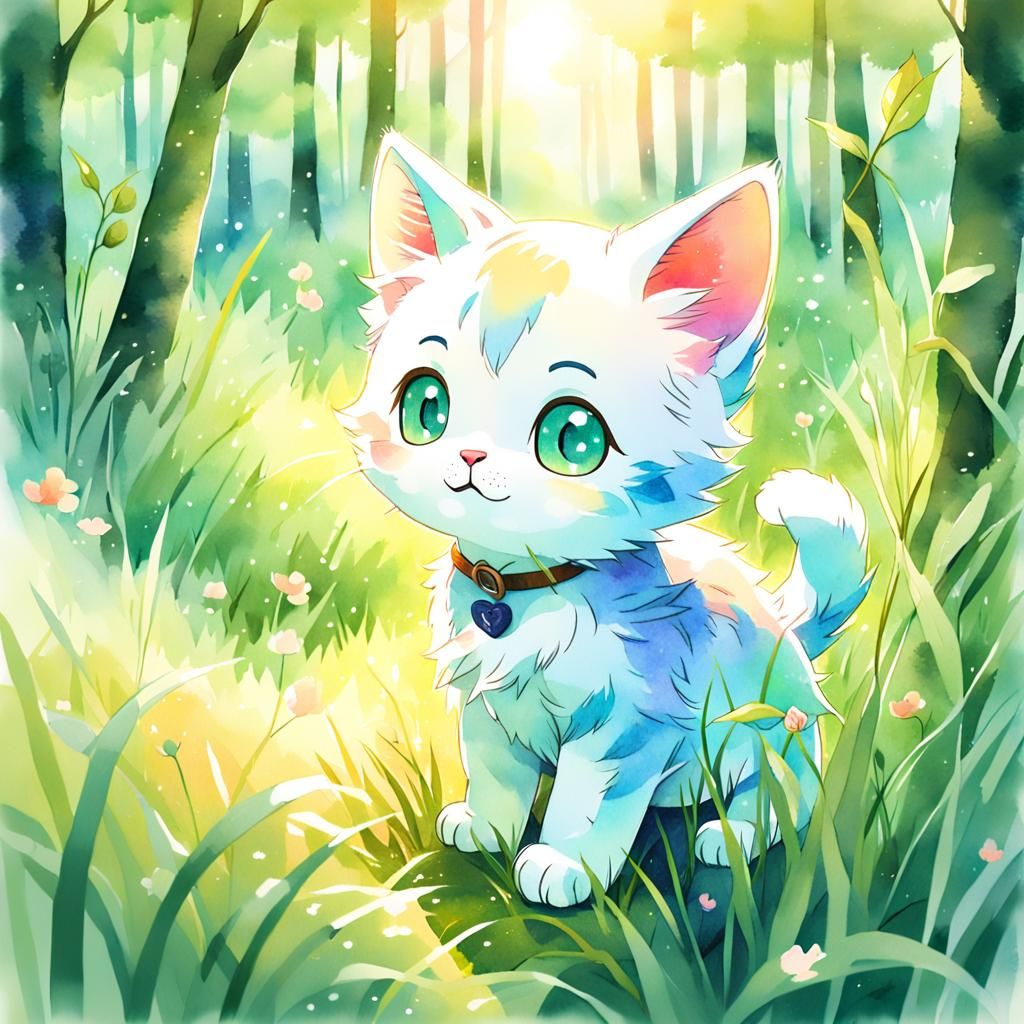 Anime Kitten in Forest Watercolor Key Visual