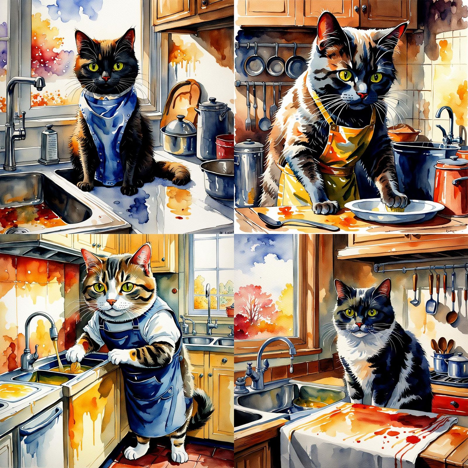 Cat Washing Dishes in Watercolor Style