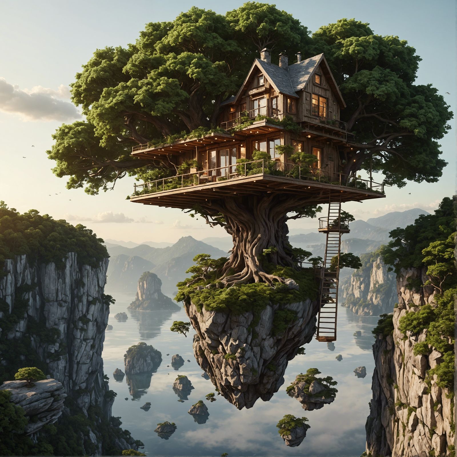 Floating Island Treehouse in Hyperrealistic 3D Render
