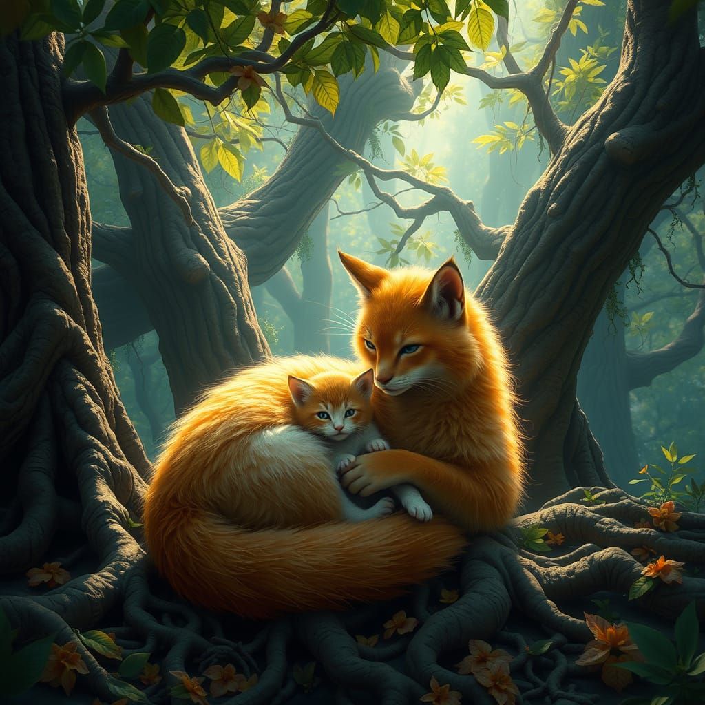 Mystical Feline Mother in Ancient Forest Wonderland