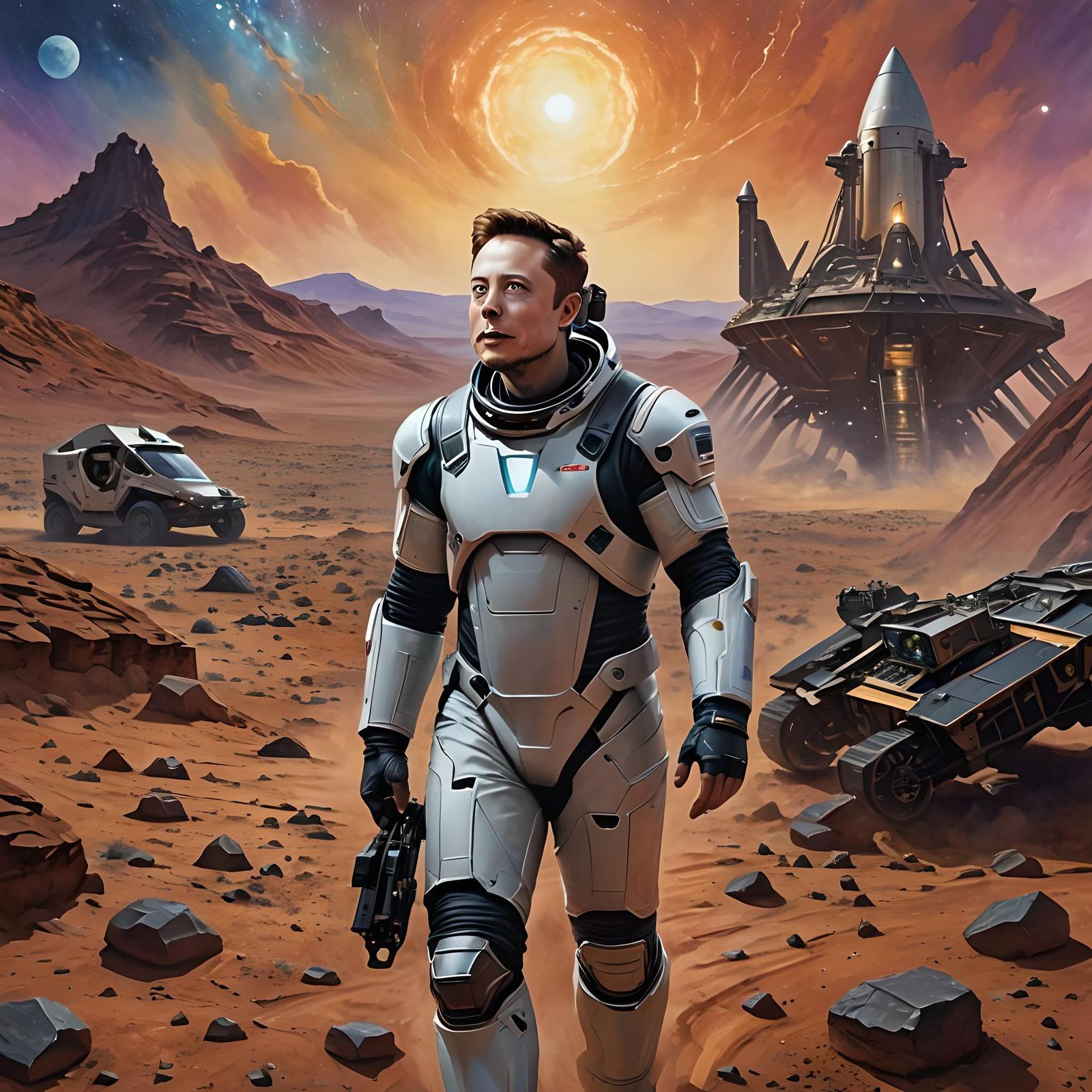 Elon Musk on Mars in Watercolor Style