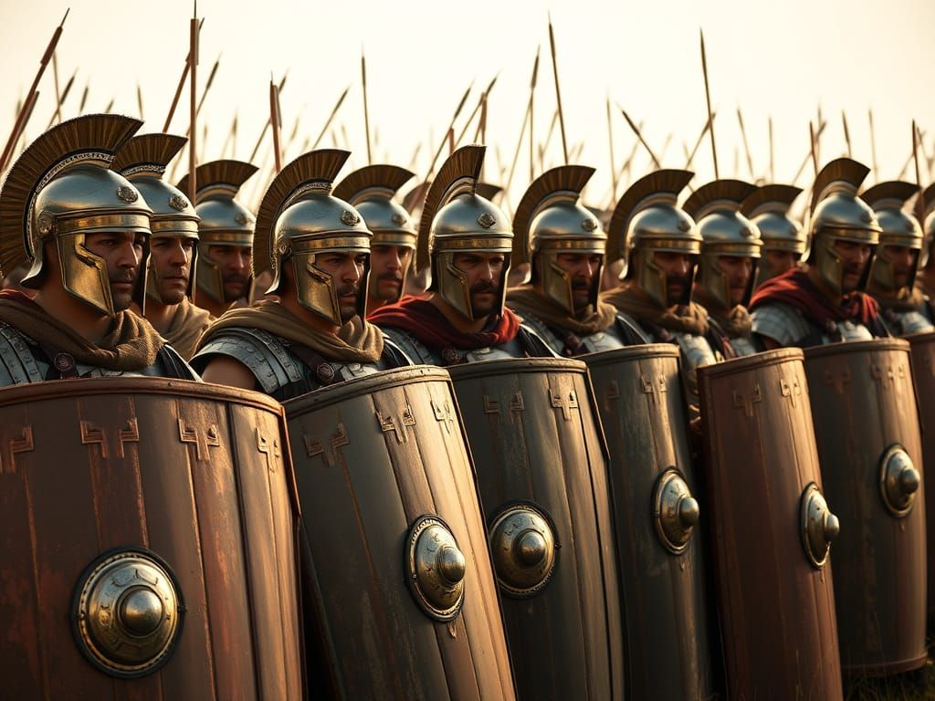 Roman Legionnaires Stand Firm Against Arrows in Golden Light