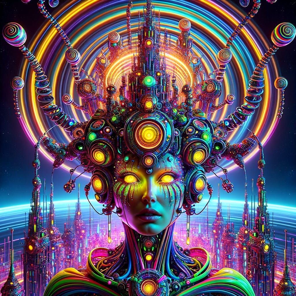 Futuristic Cosmic Goddess in Neon Cityscape