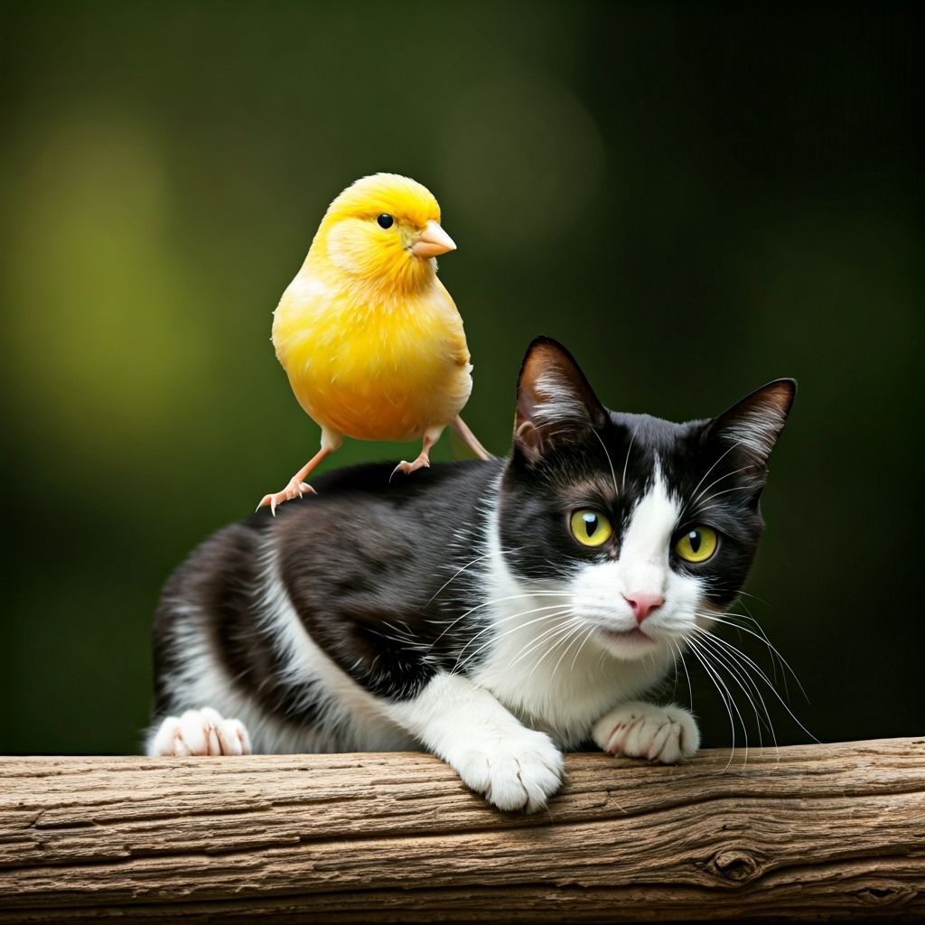 Tuxedo Cat Carries a Canary on its Back