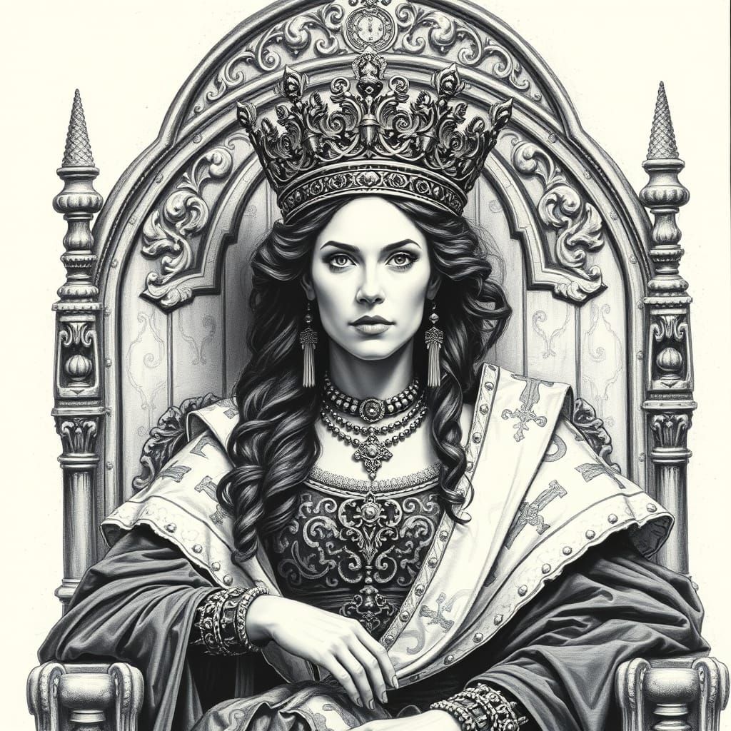 Regal Queen in Ornate Charcoal Drawing Style