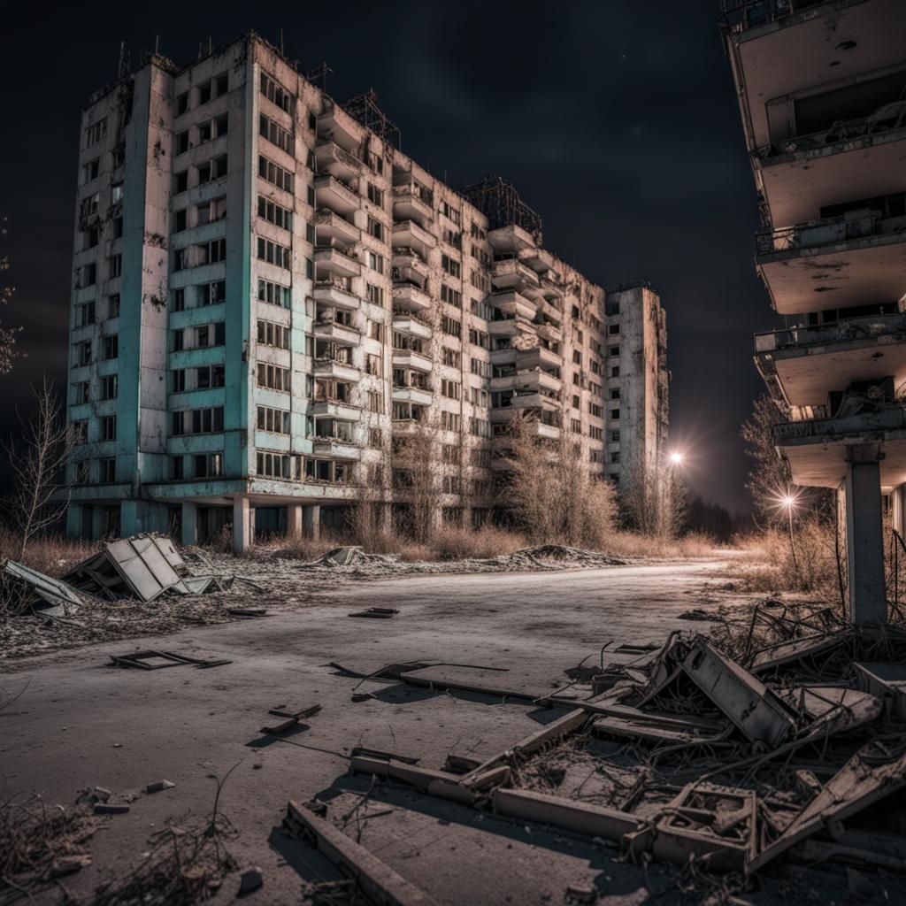 Abandoned Pripyat at Night in Pale Pastel Colors