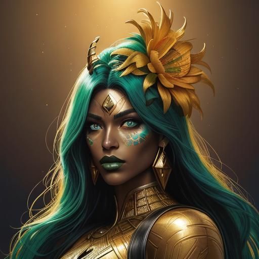 Golden Woman with Peacock Feathers in Comic Book Style