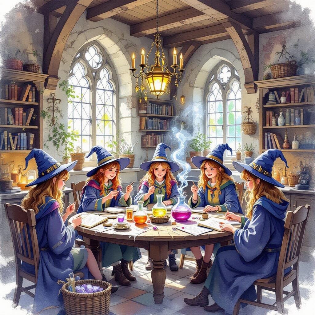 Young Wizards Studying Magic in Watercolor Style