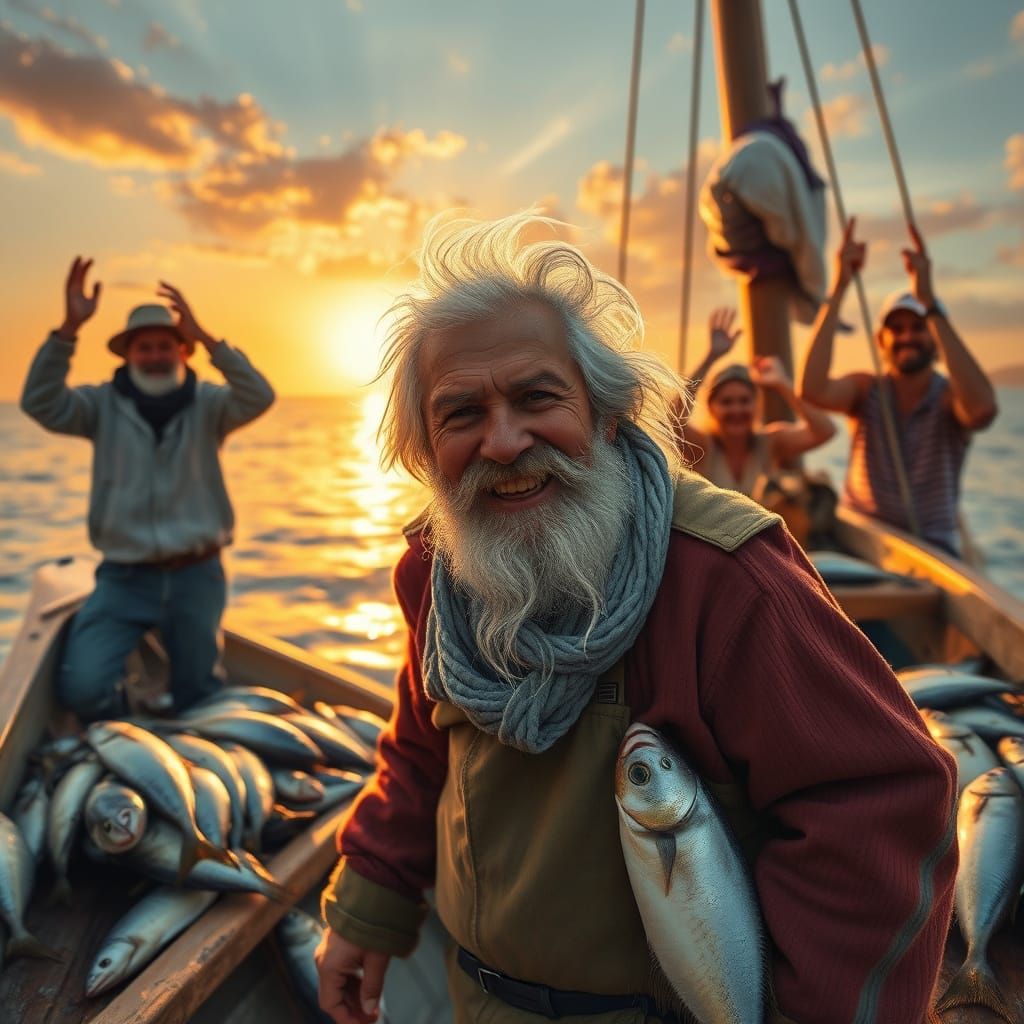Joyful Fisherman on the Mediterranean at Sunset