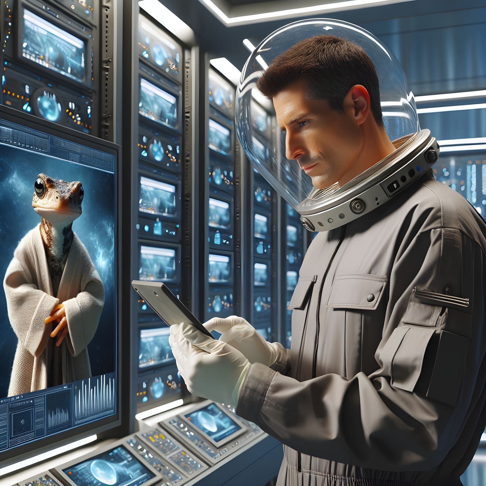 Futuristic Office Scene with Anthropomorphic Newt Display